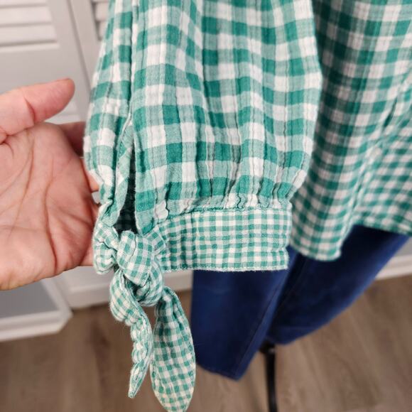 Loft Outlet Top XL Green White Gingham Button Front 3/4 Tie Sleeve Cotton Blend - Picture 4 of 10